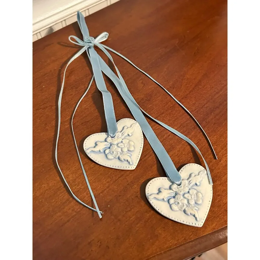 Blue Floral Clay Heart Hanging Ornament Ribbon Decor Handcrafted